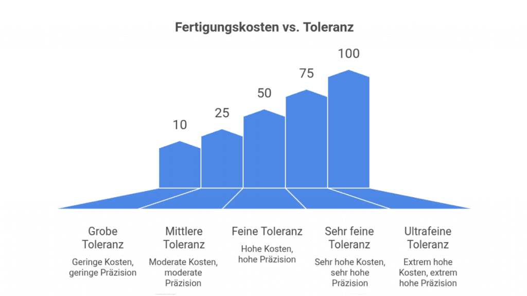 Ein Balkendiagramm mit dem Titel „Fertigungskosten vs. Toleranz“. Die fünf Stufen reichen von „Grobe Toleranz“ (geringe Kosten) bis zu „Ultrafeine Toleranz“ (extrem hohe Kosten, Wert 100), wobei die Kosten mit steigender Präzision deutlich zunehmen.