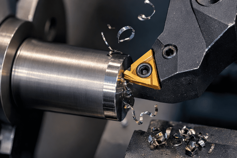 Schnittdaten in der Zerspanung beim Drehen eines Stahlwerkstücks mit Wendeschneidplatte auf einer CNC-Drehmaschine