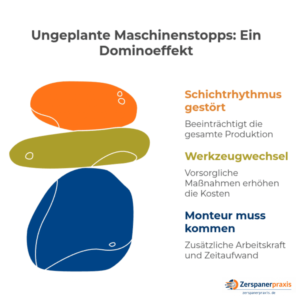 Infografik zum Dominoeffekt bei einer ungeplanten Unterbrechung in der Produktion: Schichtrhythmus, Werkzeugwechsel und Personaleinsatz.