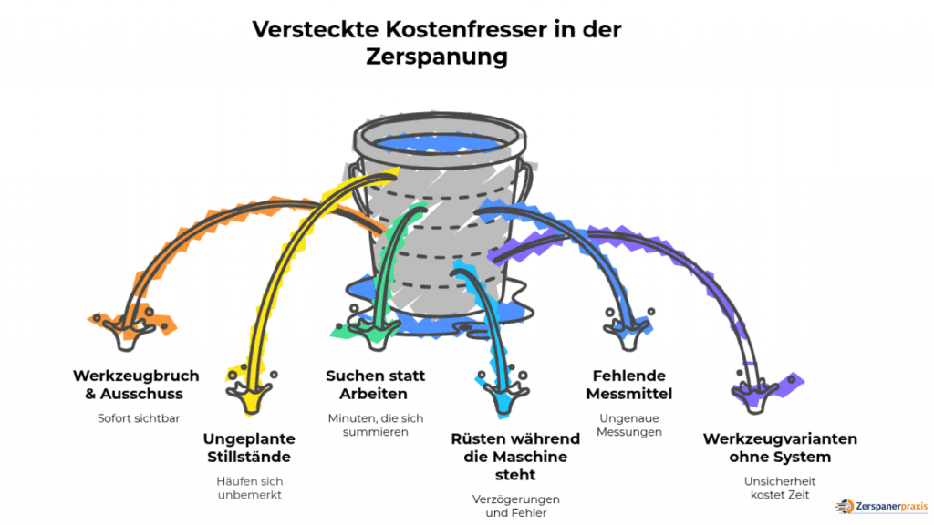 Illustration eines undichten Eimers als Metapher für: Versteckte Kosten Zerspanung