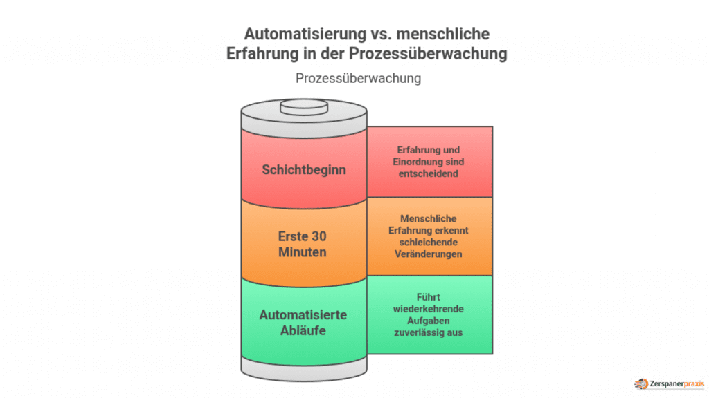 Schichtbeginn Zerspanung: Grafik zur Prozessüberwachung in der Zerspanung mit Vergleich zwischen automatisierten Abläufen und menschlicher Erfahrung während des Schichtbeginns