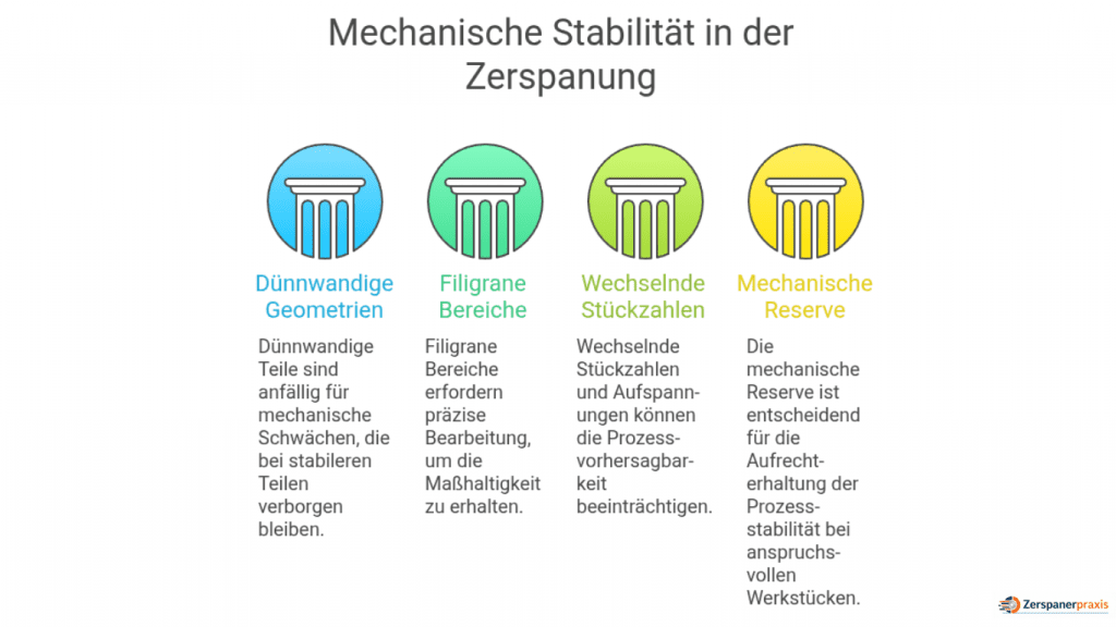 Grafik zur mechanischen Stabilität in der Zerspanung mit Einflussfaktoren wie dünnwandige Geometrien, filigrane Bereiche, wechselnde Stückzahlen und mechanische Reserve
