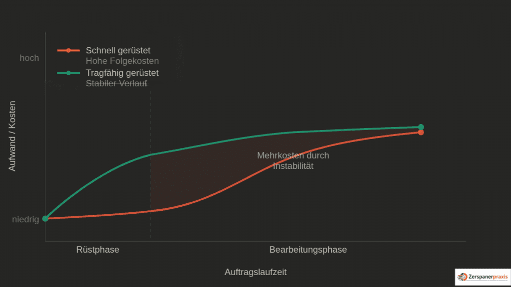 Diagramm zum Kostenverlauf zwischen schnellem und tragfähigem Rüstprozess in der CNC-Fertigung
