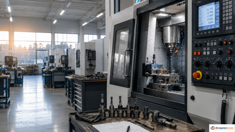 Schichtbeginn Zerspanung an einer CNC-Maschine mit vorbereiteten Werkzeugen in heller Fertigungshalle