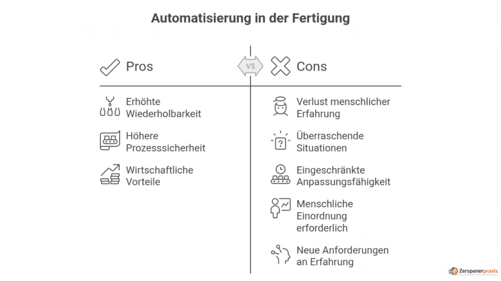 Grafische Gegenüberstellung von Vor- und Nachteilen der Automatisierung in der Fertigung. Vorteile sind höhere Wiederholbarkeit, Prozesssicherheit und Wirtschaftlichkeit. Nachteile sind der Verlust menschlicher Erfahrung, eingeschränkte Anpassungsfähigkeit und die weiterhin notwendige menschliche Einordnung von Prozesssituationen.